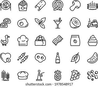 Food line icon set - french fries, tea ceremony, gunkan, basil, bread, pretzel, spike, cheese plate, bakery, goose, cupcake, coffee love, pack, kebab, roasted sausages, sowbelly, chef hat, omelette