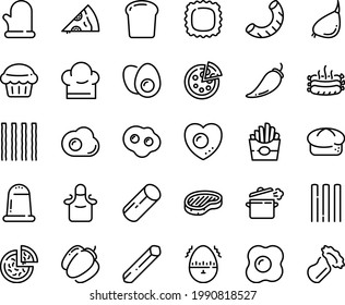 Food line icon set - french fries, pizza, piece, bread, steak, roasted sausages, chef hat, cooking pan, glove, apron, eggs yolk, omelette, love egg, timer, muffin, pepper, bell, garlic, salt, penne