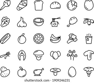 Food line icon set - fried chiken leg, hot tea, chinese pasta, temaki, fork with, olives, fish steak, chicken, egg, broaken, eggs, bread piece, potato, cabbage, arugula, broccoli, banana, citrus