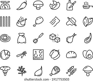 Food line icon set - fried chiken leg, kebab, dough and rolling pin, fork with pasta, ham, chicken, refined sugar, pan, knife board, whisk, kitchen scales, stove top view, eggs yolk, bread, cabbage