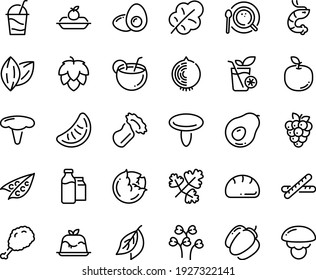 Food line icon set - fried chiken leg, shrimp, panna cotta, charlotte cake, cocktail, coffee top view, milk bootle and pack, egg yolk, coconut, smoothies, bread, baguette, hop, peas, cabbage, onion