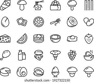 Food line icon set - fried chiken leg, octopus soup, chinese pasta, clam, oyster, temaki, gunkan, cheese, fork with, ravioli, pancakes, milk bootle and pack, egg stand, broaken, eggs yolk, omelette