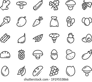 Food line icon set - grape, broaken egg, chick, eggs, yolk, bread, flour bag, potato, carrot, asparagus, peas, eggplant, garlic, squash, mango, pineapple, cloves, ginger, bay leaf, parsley, porcini