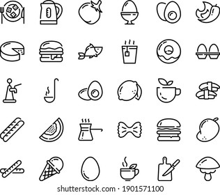 Food line icon set - green tea, burger, hot, fish, sashimi, ice cream, donut, baguette, cheese, plate, knife board, ladle, egg, stand, eggs yolk, turkish coffee, kettle, beer tap, tomato, lemon, cep