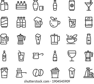 Food line icon set - green tea, drink, rice vodka, coffee pot, beer mug, box, wine glass, french press, turkish, beans, milk bootle and pack, cocktail, soda, bottle, champagne, paper cup, ice bucket