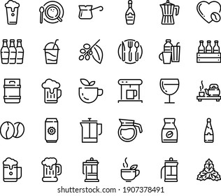 Food line icon set - green tea, ceremony, beer mug, champagne, wine glass, cocktail, french press, coffe maker, coffee top view, pot, turkish, tree, instant, love, beans, fork spoon knife plate, cup