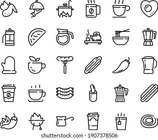 Food line icon set - green tea, hot dog, sausage on fork, pepper, coffee to go, funchose, ceremony, calsone, pot, cup, sausages, dish dome, french, turkish, bbq, chicken wing, cooking glove, press