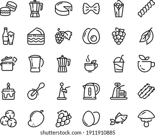 Food line icon set - green tea, burito, pizza roll knife, coffee pot, grape, cheese, cocktail, fish, cooking pan, kettle, egg, eggs yolk, cake, macarons, piece, beer, tap, asparagus, raspberry, cep