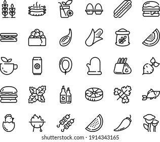 Food Line Icon Set - Green Tea, Burger, Sandwich, Fish, Kebab, Gunkan, Hot Dog, Ketchup, Sausage, Roasted Sausages, Ribs, Bbq, Cooking Glove, Egg Stand, Chick, Smoothies, Flour Bag, Beer Aluminium