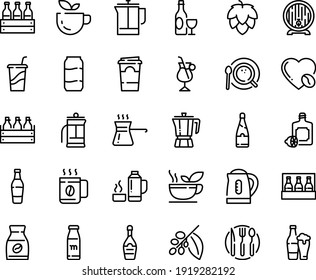 Food line icon set - green tea, drink to go, lemoncello, coffee pot, wine, beer box, barrel, champagne, french press, top view, tree, instant, irish, love, fork spoon knife plate, turkish, kettle