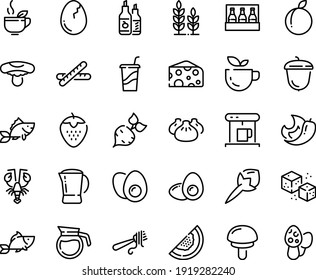 Food line icon set - green tea, drink to go, dim sum, fish, lobster, cheese, fork with pasta, ketchup, acorn, coffe maker, refined sugar, coffee pot, broaken egg, eggs yolk, baguette, beer pack