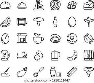 Food line icon set - green tea, oyster, sashimi, rice vodka, sausage on fork, beer mug, pretzel, pate can, donut, croissant, baguette, butter knife, coffe maker, french press, meat, ribs, meatballs