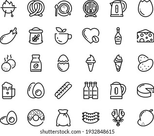Food line icon set - green tea, donut, ice cream horn, lobster, cheese, sausages, pretzel, beer barrel, baguette, champagne, coffee top view, instant, love, meatballs, bbq, kettle, broaken egg, foam