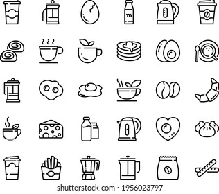 Food line icon set - green tea, french fries, coffee to go, dim sum, cheese, pot, croissant, bakery, press, pancakes, cup, top view, pack, beans, milk bootle and, kettle, broaken egg, omelette, love