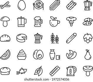 Food line icon set - green tea, fish, sashimi, rice vodka, coffee pot, bread, beer mug, hot dog, baguette, cheese, plate, cupcake, french press, kettle, egg, eggs yolk, hop, wheat, asparagus, pear