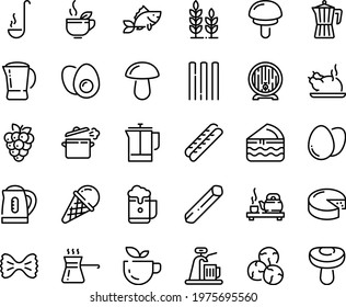 Food line icon set - green tea, ceremony, chinese chicken, ice cream, beer barrel, baguette, cheese, french press, coffee pot, fish, cooking pan, ladle, egg, eggs yolk, turkish, kettle, cake piece