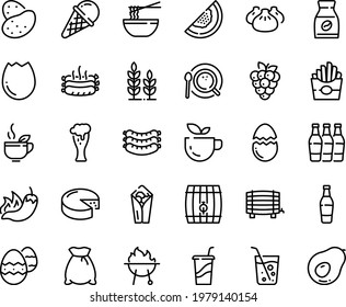 Food line icon set - green tea, french fries, burito, hot pepper, drink to go, dim sum, funchose, ice cream, sausages, beer glass, cheese, coffee top view, instant, roasted, bbq, broaken egg, easter
