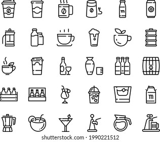 Food line icon set - green tea, coffee to go, rice vodka, pot, cup, wine, beer box, milk tank, iced, mill, irish, bootle and pack, french press, cocktail, bottle, coconut, paper, whiskey, aluminium