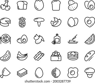 Food line icon set - gunkan, limoncello, cheese, plate, pancakes, butter knife, ham, hot chicken wing, egg, broken, eggs yolk, omelet, love, bread piece, potato, asparagus, cherry, banana, melon