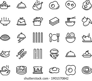 Food line icon set - Hot Bowl, plate spoon fork, dish dome, salad, octopus soup, funchose, clam, chinese chicken, kebab, panna cotta, omelette, fried, charlotte cake, julienne, pancakes, wing