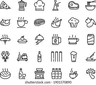 Food line icon set - hot cup, pizza piece, meat, cafe, funchose, tea ceremony, green, lobster, wine, steak, fried chicken, dish dome, charlotte cake, butter knife, coffee, pot, sausage on fork, wing