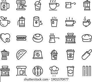 Food Line Icon Set - Hot Cup, Cafe, Green Tea, Sandwich, Shop, Coffee To Go, French Dog, Chef Hat, Calsone, Bread, Cocktail, Press, Coffe Maker, Iced, Mill, Pot, Turkish, Love, Machine, Capsule