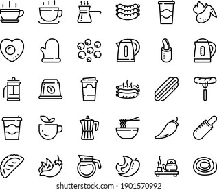 Food line icon set - hot cup, coffee to go, green tea, sausage on fork, pepper, french dog, funchose, ceremony, calsone, sausages, pot, capsule, roasted, chicken wing, cooking glove, kettle, press