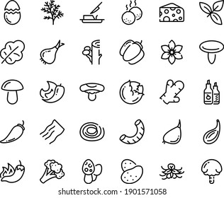 Food line icon set - hot pepper, cheese, basil, ketchup, butter knife, meatballs, broaken egg, potato, cabbage, onion, broccoli, bell, salad leaf, garlic, chili, ginger, star anise, vanilla, dill