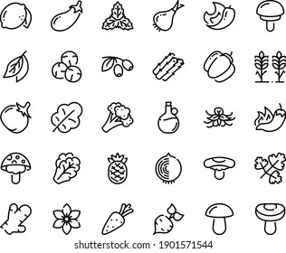 Food line icon set - hot pepper, olives, olive oil, spikes, carrot, beet, asparagus, arugula, onion, broccoli, bell, tomato, eggplant, salad leaf, lemon, pineapple, chili, ginger, star anise, mint