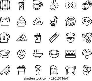 Food line icon set - Hot Bowl, plate spoon fork, bread, pizza piece, tea, drink to go, beer glass, baguette, cheese, goose, cupcake, coffee top view, meatballs, omelette, egg timer, pot, kettle