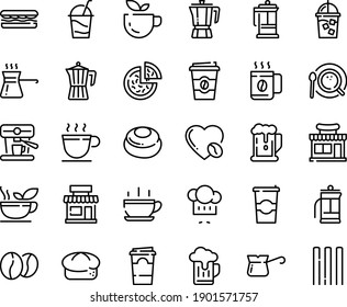 Food line icon set - hot cup, beer, cafe, green tea, sandwich, shop, pizza, coffee to go, chef hat, pot, bread, cocktail, french press, iced, top view, turkish, love, machine, beans, paper