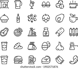 Food line icon set - hot cup, coffee to go, cupcake, bread, green tea, pizza, burger, coffe maker, instant, irish, pot, meat, ribs, steak, egg stand, easter, turkish, beer mug, wine bottle, hop, tap