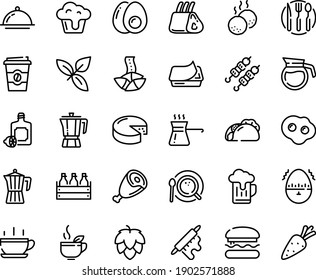Food line icon set - hot cup, burger, tacos, coffee to go, fortune cookie, green tea, kebab, basil, lemoncello, pot, ham, beer box, pate can, cheese, top view, ribs, meatballs, rolling pin, omelette