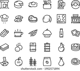 Food line icon set - hot cup, meat, cupcake, cafe shop, donut, fortune cookie, sashimi, chef hat, pasta in pan, olive oil, ravioli, cheese, pancakes, coffe maker, coffee pack, meatballs, omelette