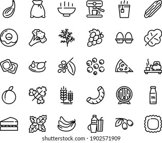 Food line icon set - Hot Bowl, pizza piece, dog, tea, ceremony, olives, ravioli, spike, beer barrel, donut, coffee tree, machine, chicken, egg stand, drinks, milk bottle, flour bag, sanwich, banana