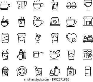 Food line icon set - hot cup, coffee to go, green tea, drink, ceremony, wine glass, cocktail, coffe maker, iced, top view, turkish, irish, love, machine, capsule, beaker, egg stand, drinks, soda