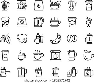 Food line icon set - hot cup, coffee to go, green tea, pot, croissant, french press, coffe maker, tree, irish, love, machine, pack, beans, capsule, kettle, drinks, turkish, thermo flask, paper