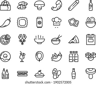 Food line icon set - Hot Bowl, salad, sandwich, pizza piece, pepper, rice, sashimi, sushi roll, lobster, gunkan, chef hat, ravioli, ketchup, sausage, donut, charlotte cake, irish coffee, stove, beer