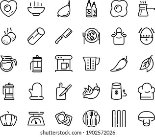 Food line icon set - Hot Bowl, pepper, ravioli, ketchup, cheese plate, french press, coffe maker, coffee mill, meatballs, chef hat, knife board, cooking glove, fork spoon, apron, kitchen scales, pot