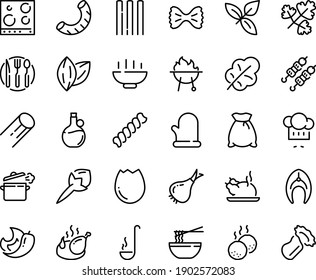 Food line icon set - Hot Bowl, funchose, chinese chicken, kebab, chef hat, basil, olive oil, fried, fish steak, meatballs, bbq, cooking pan, glove, fork spoon knife plate, ladle, stove top view