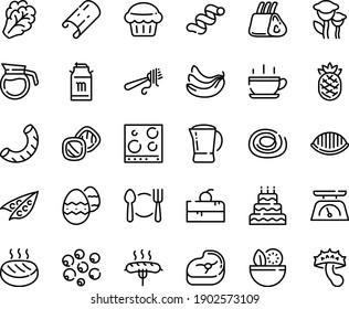 Food line icon set - hot cup, plate spoon fork, cherry cake piece, salad, with pasta, milk tank, coffee pot, meat, sausage on, cutlet, ribs, kitchen scales, stove top view, easter egg, big, muffin