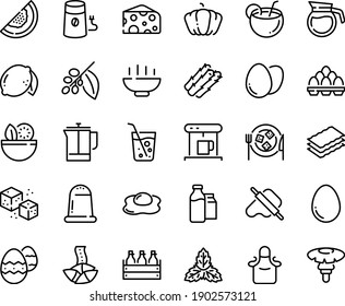 Food line icon set - Hot Bowl, salad, fortune cookie, dough and rolling pin, cheese, beer box, plate, coffe maker, french press, coffee mill, tree, refined sugar, milk bootle pack, apron, egg, pot