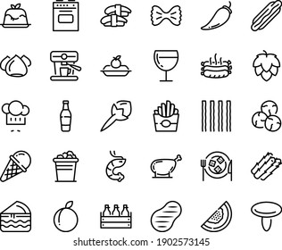 Food line icon set - hot dog, french fries, sashimi, shrimp, chef hat, panna cotta, ice cream, beer box, wine glass, charlotte cake, cheese plate, meringue, coffee machine, roasted sausages, steak