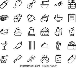 Food line icon set - Hot Bowl, burito, fried chiken leg, french dog, chinese pasta, funchose, gunkan, fork with, pizza roll knife, steak, chicken, cocktail, cupcake, cutlet, wing, dish dome, stove