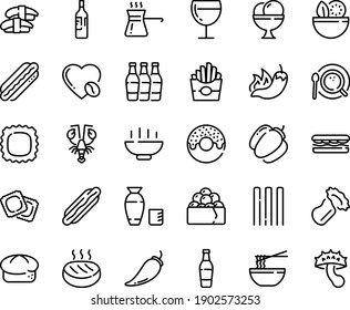 Food line icon set - Hot Bowl, salad, dog, sandwich, french fries, pepper, donut, funchose, sashimi, rice vodka, lobster, gunkan, ravioli, bread, wine glass, ice cream, coffee top view, love, cutlet