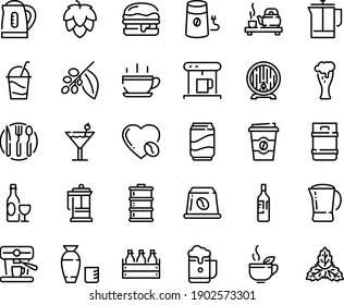 Food line icon set - hot cup, coffee to go, tea ceremony, green, rice vodka, wine, burger, beer box, barrel, glass, cocktail, french press, coffe maker, mill, tree, love, machine, capsule, pot, soda