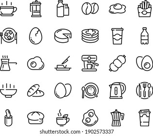 Food line icon set - Hot Bowl, cup, bread, milk bottle, french fries, green tea, omelette, cheese, plate, dog, press, pancakes, butter knife, coffee top view, pot, to go, machine, beans, sausage