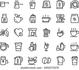 Food line icon set - hot cup, coffee to go, green tea, coffe maker, mill, top view, pot, turkish, tree, instant, irish, love, machine, pack, beans, capsule, kettle, drinks, french press, paper