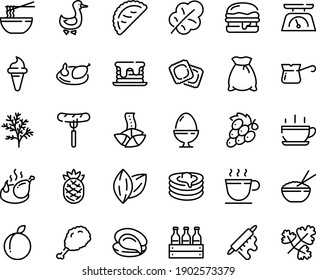 Food line icon set - hot cup, sausage on fork, fried chiken leg, ice cream horn, rice bowl, funchose, oyster, fortune cookie, calsone, ravioli, burger, chicken, goose, pancakes, coffee, turkish