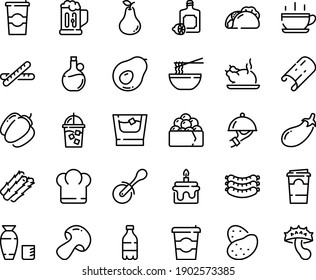 Food line icon set - hot cup, coffee to go, chief hat, milk bottle, tacos, funchose, chinese chicken, rice vodka, gunkan, pizza roll knife, lemoncello, olive oil, sausages, dish dome, iced, beer mug